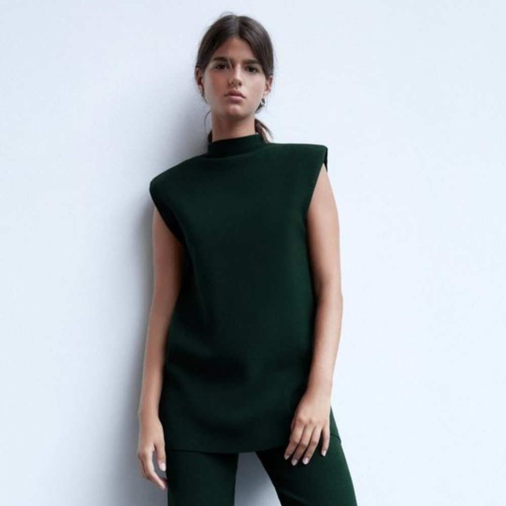 ZARA Shoulder Pad Knit High Collar Sleeveless Top